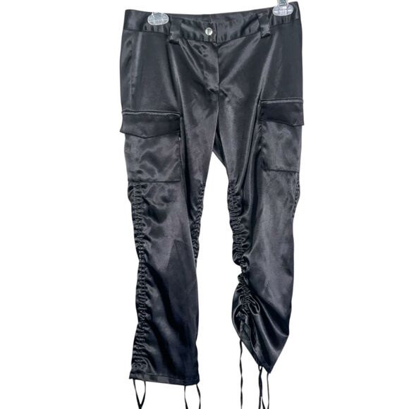 Y2K Charlotte Russe Black Satin Ruched Drawstring Cargo Pants Size 1 (S) - Picture 1 of 5